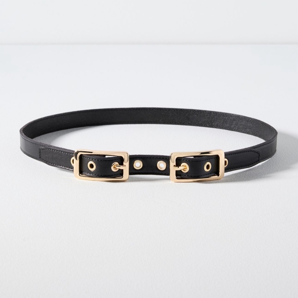 NWT- Anthropologie Double Buckle Leather Belt in Black